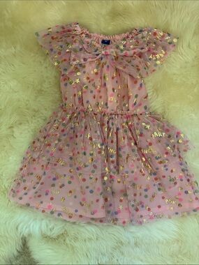 Old Navy Pink Tulle Dress with Multicolor Dots and Gold Foil